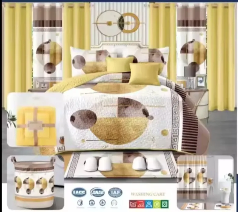 24 pcs Bedspread,curtains,laundry basket,shower set,slippers