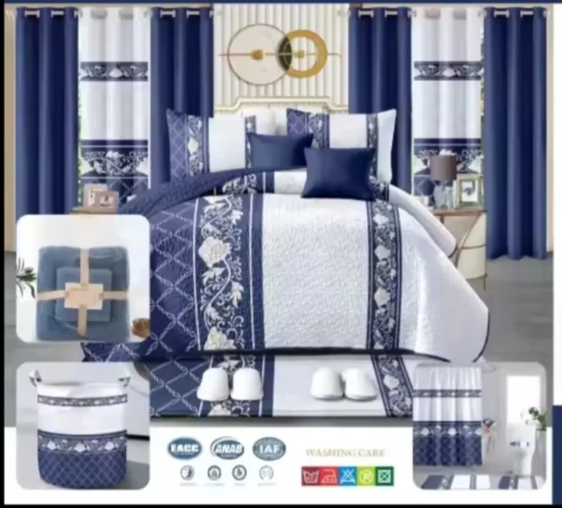 24 pcs Bedspread,curtains,laundry basket,shower set,slippers image indicator(2)