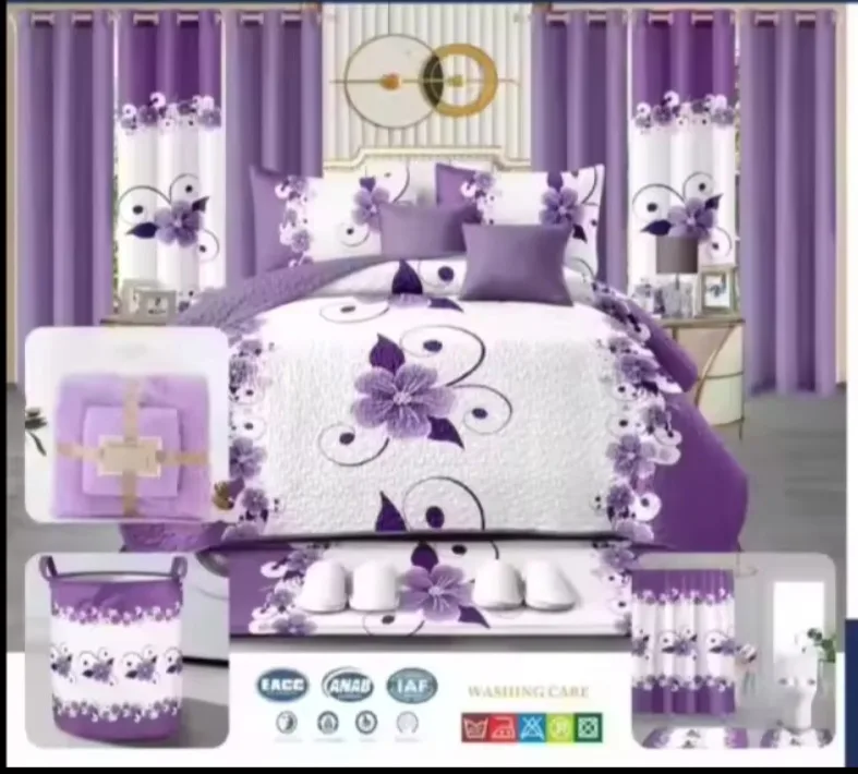 24 pcs Bedspread,curtains,laundry basket,shower set,slippers image indicator(3)