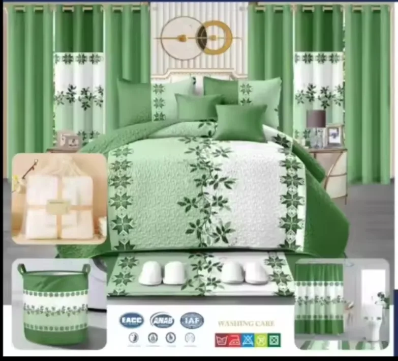 24 pcs Bedspread,curtains,laundry basket,shower set,slippers image indicator(4)