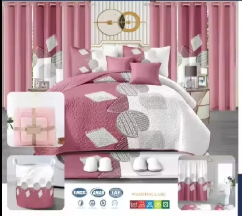 24 pcs Bedspread,curtains,laundry basket,shower set,slippers image indicator(5)