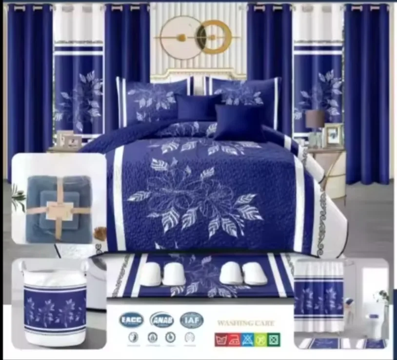 24 pcs Bedspread,curtains,laundry basket,shower set,slippers image indicator(6)