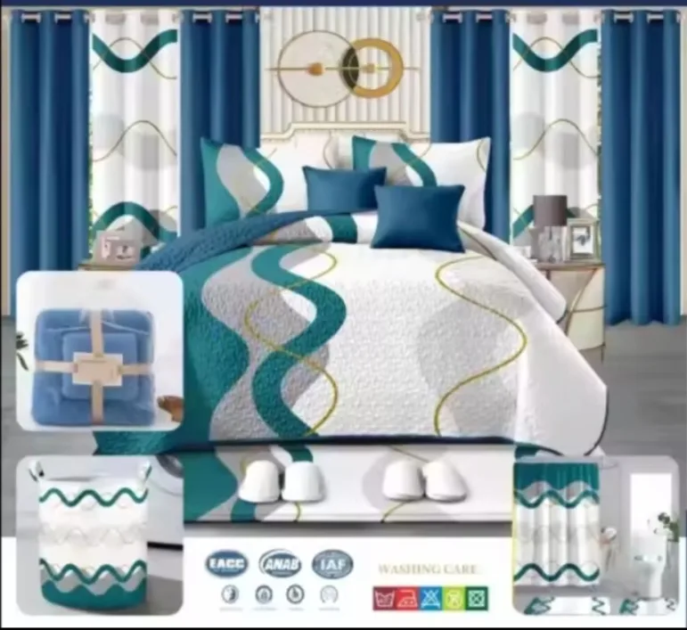 24 pcs Bedspread,curtains,laundry basket,shower set,slippers image indicator(7)