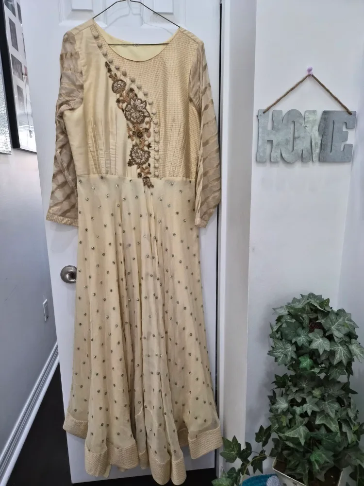 Embroidered Anarkali Dress - Cream & Blue image indicator(5)