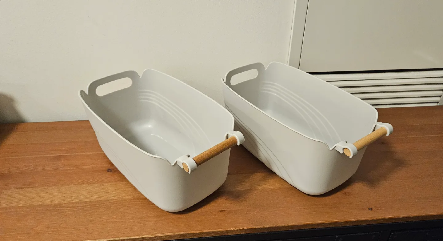 Grey Storage Bins with Wooden Handles