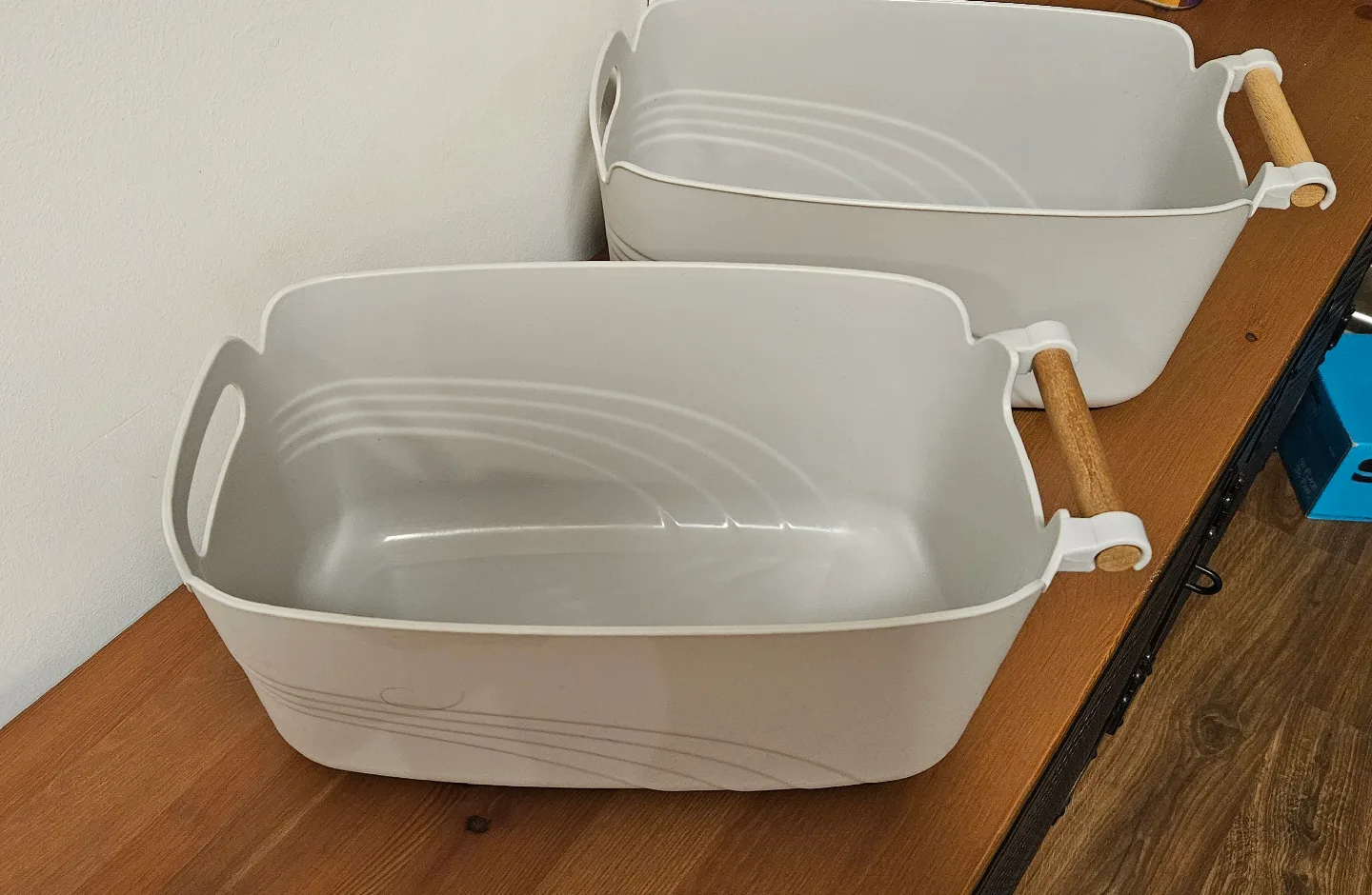 Grey Storage Bins with Wooden Handles image indicator(2)