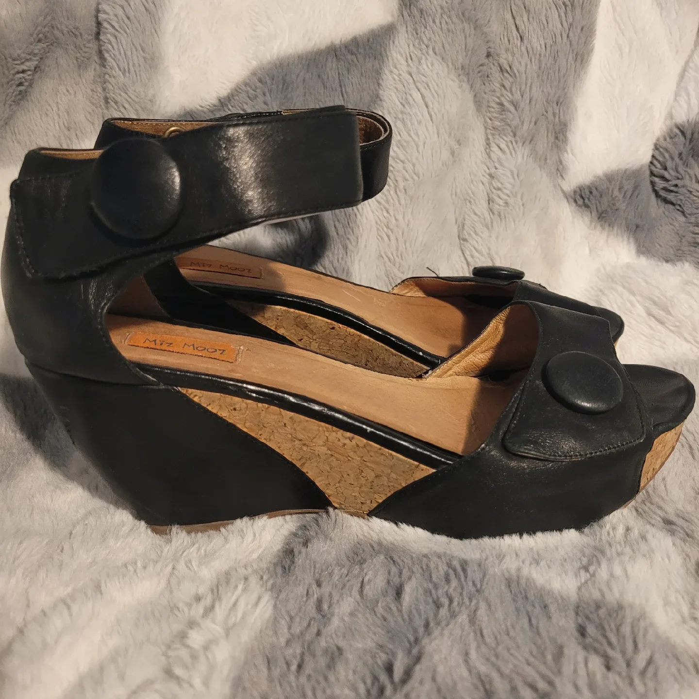 Miz Mooz Black Leather Wedge Sandals, size 10 thumbnail