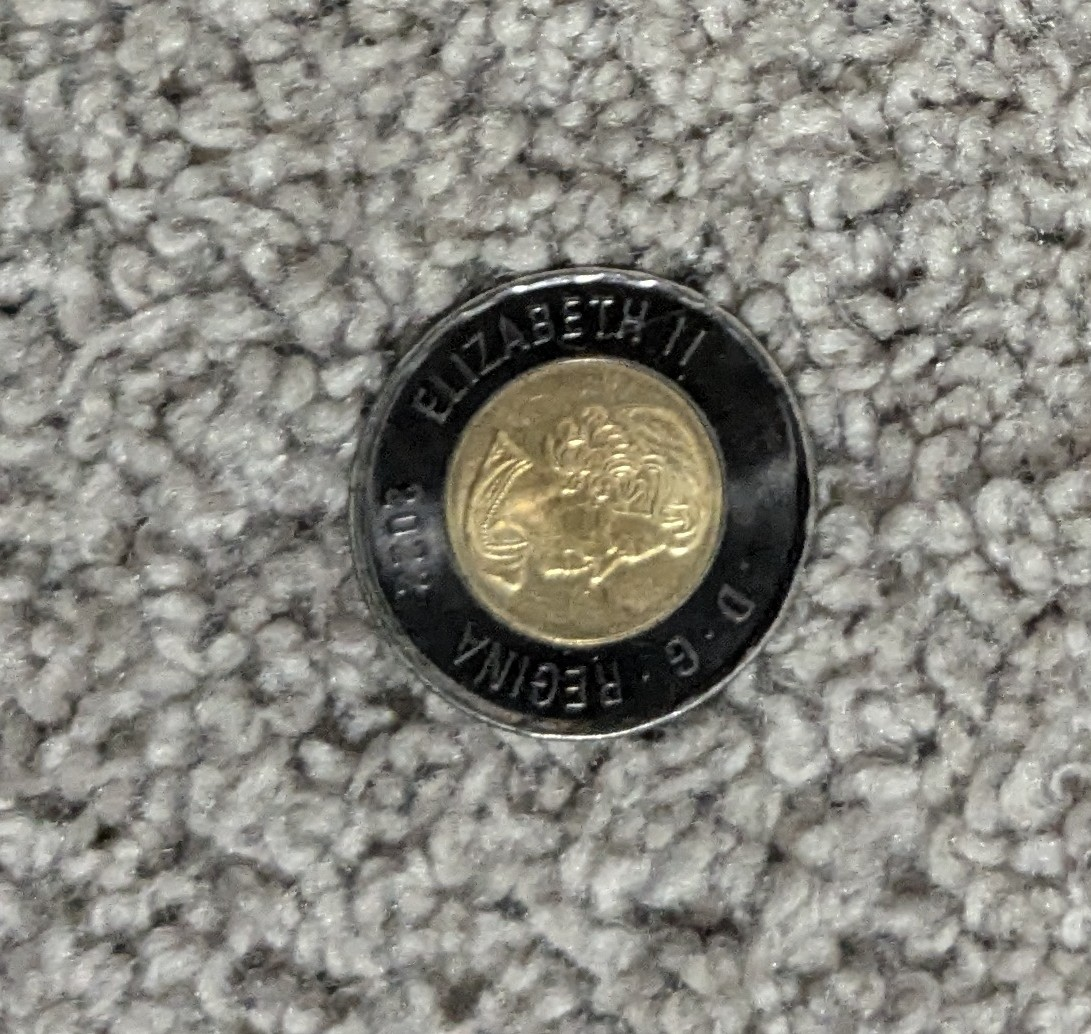 ONE black rim Canadian toonie. (Silver toonie is for comparison) - photo 2