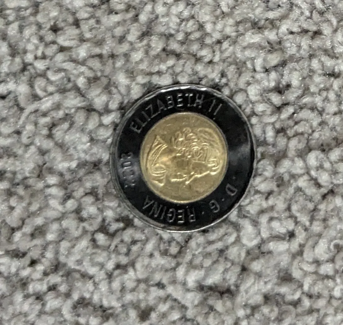 ONE black rim Canadian toonie. (Silver toonie is for comparison) image indicator(2)