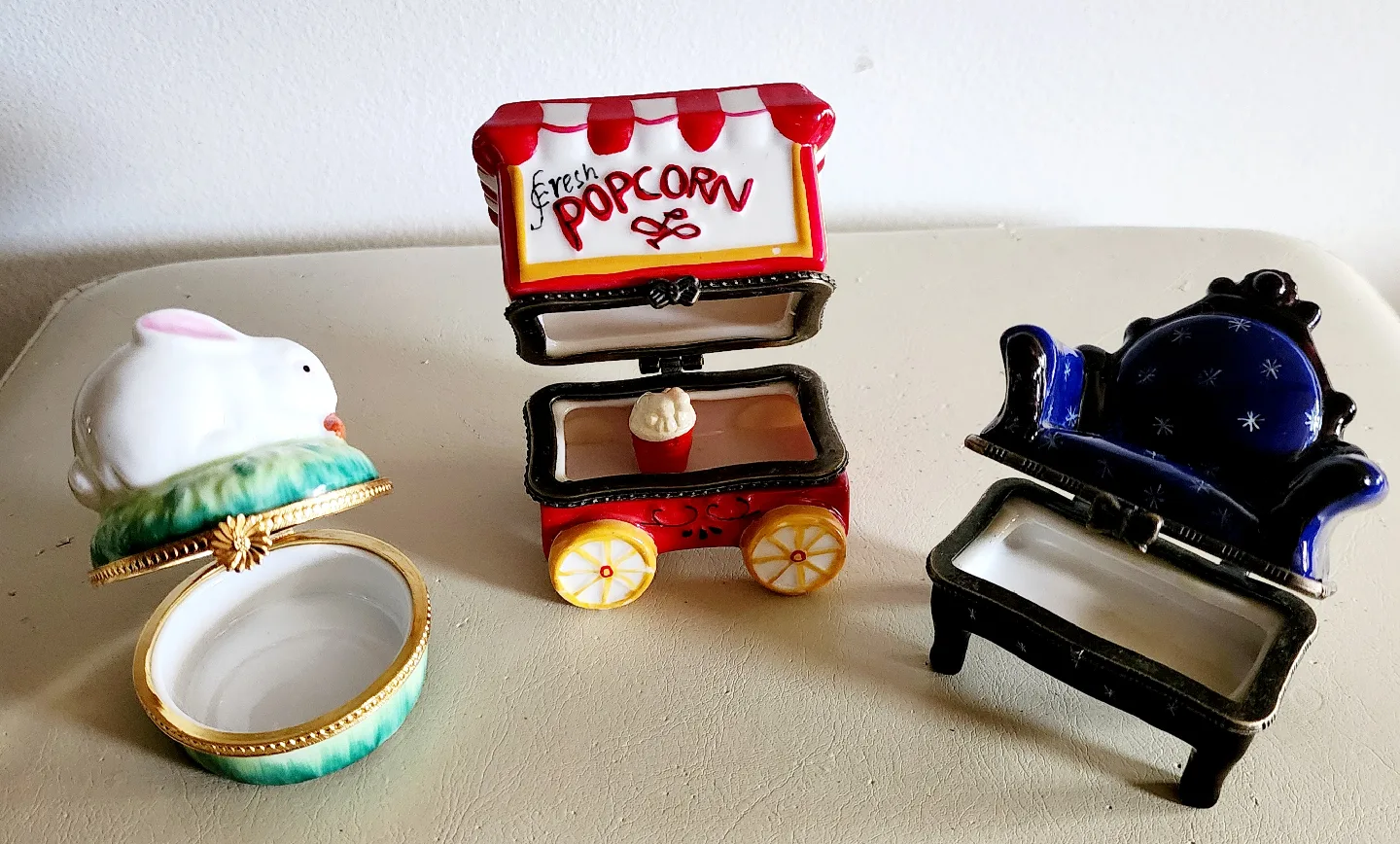 Lilliput Lane Trinket Boxes - Popcorn, Rabbit, Chair. $20 EACH image indicator(2)
