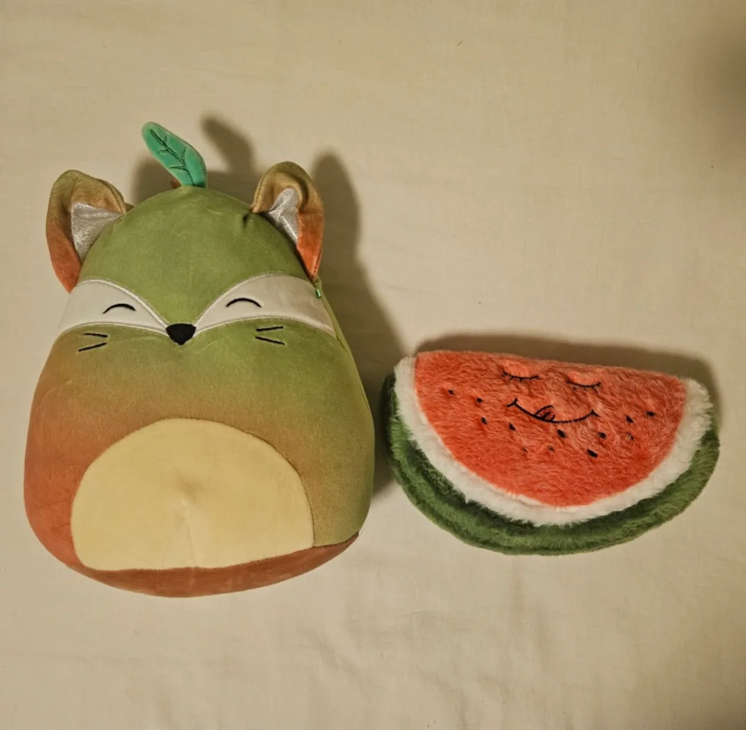 Squishmallow (fox or peach?) and watermelon