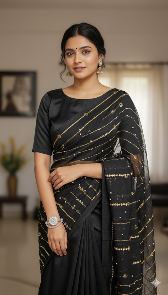 Black & Gold Embellished Saree