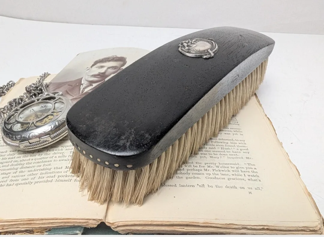 Genuine Ebony Clothes Brush ~ Art Nouveau Sterling Silver Crest image indicator(3)