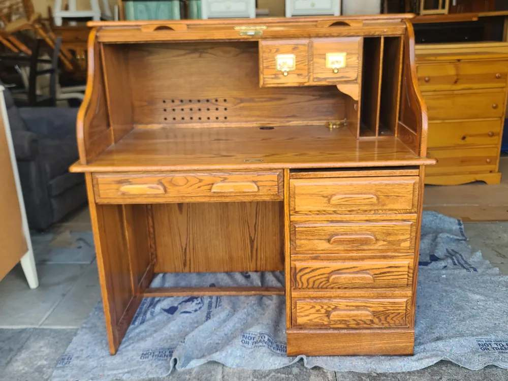 Oak Roll Top Desk - Solid Wood W/Stool image indicator(2)