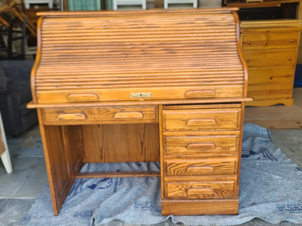 Oak Roll Top Desk - Solid Wood W/Stool image indicator(3)
