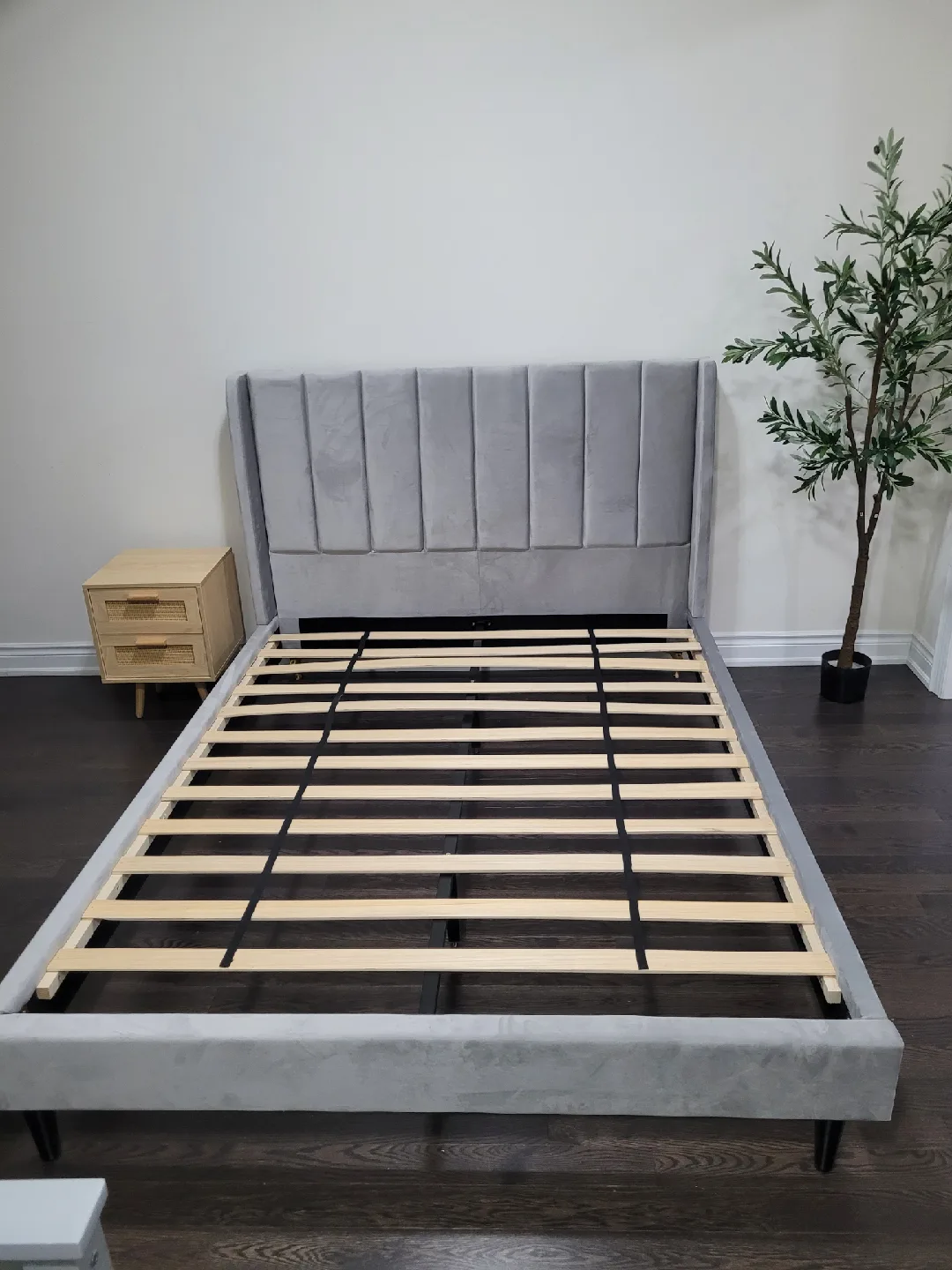 Grey Velvet Upholstered Bed Frame ( has minor defect) thumbnail