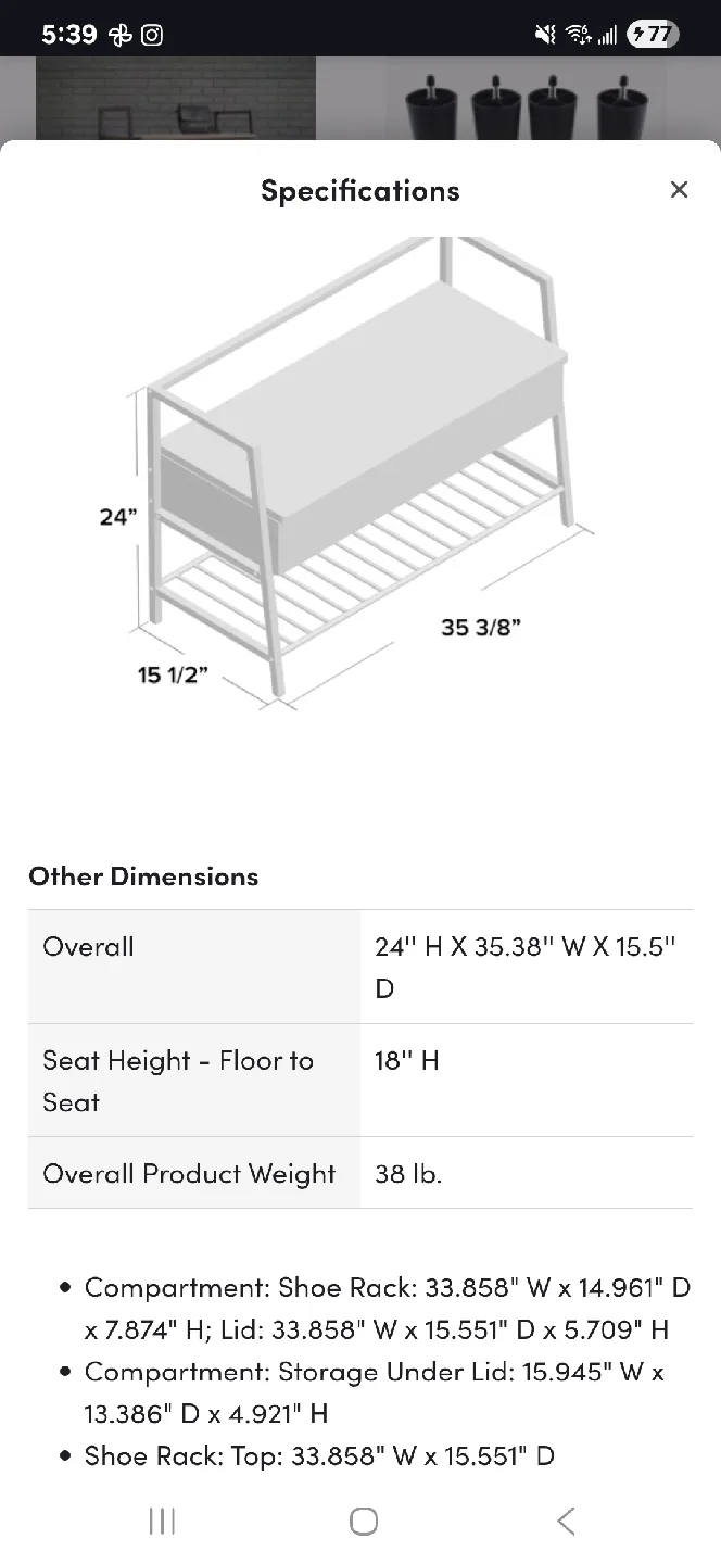 Wood & Metal Shoe Storage Bench image indicator(2)