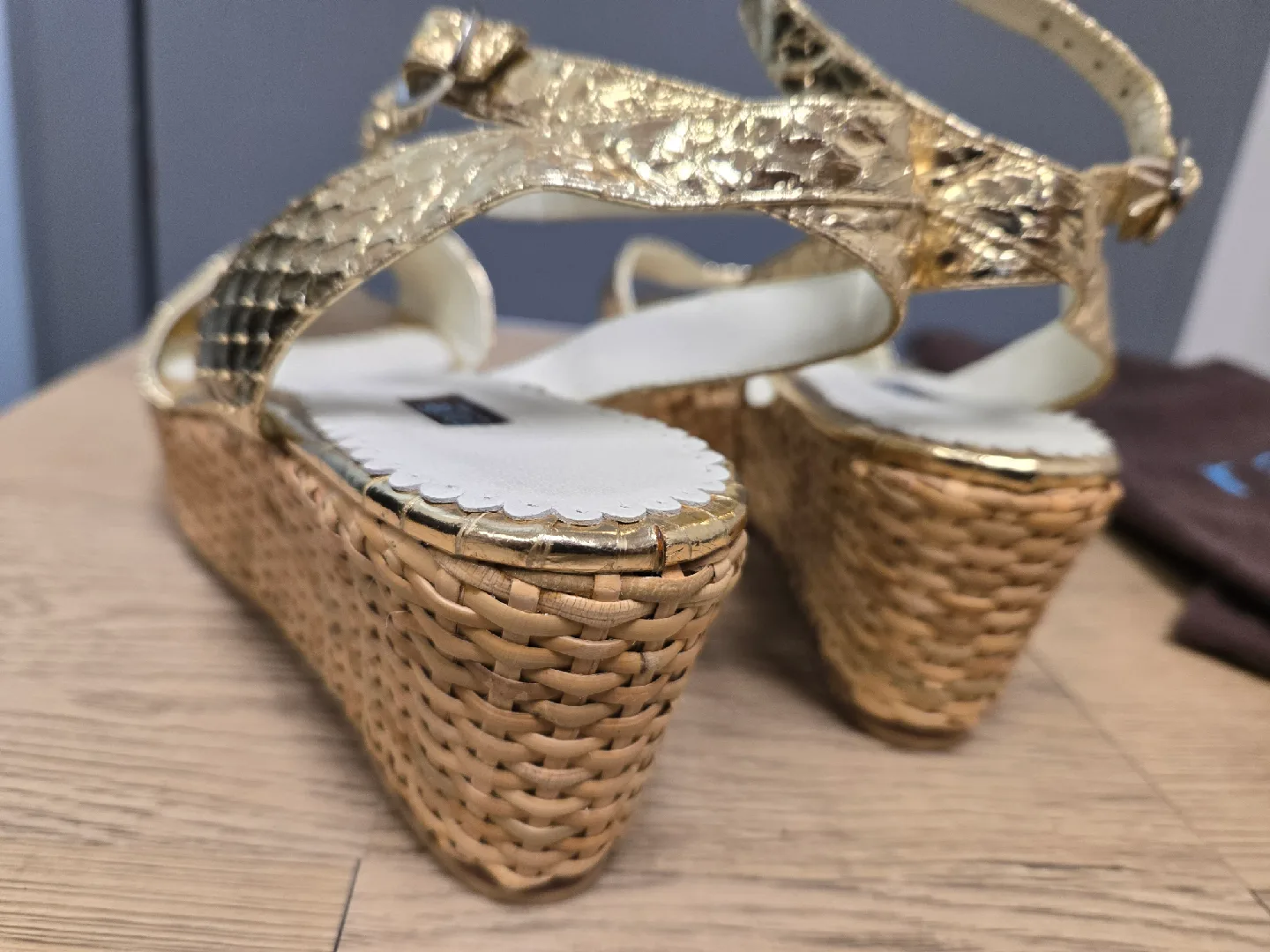 Rafe New York Gold Leather Wedge Sandals - Size 10