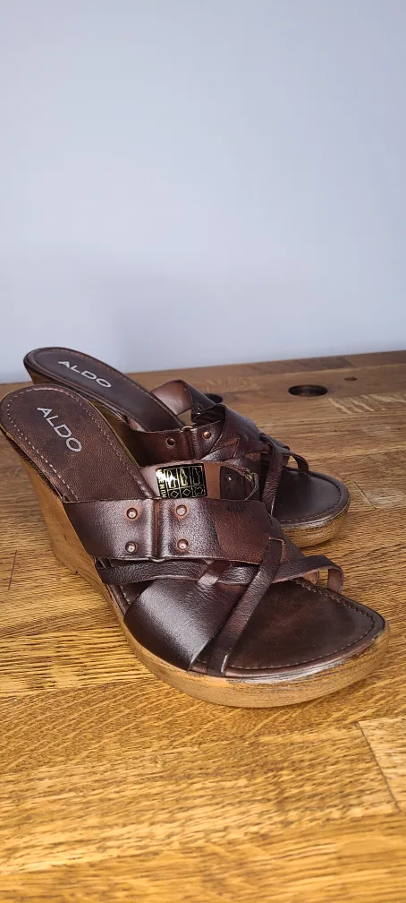 Aldo Brown Leather Wedge Sandals Size 40 image indicator(2)