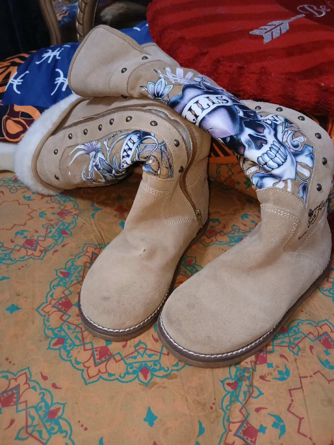 Ed Hardy Beige Suede Boots with Skull Design image indicator(3)