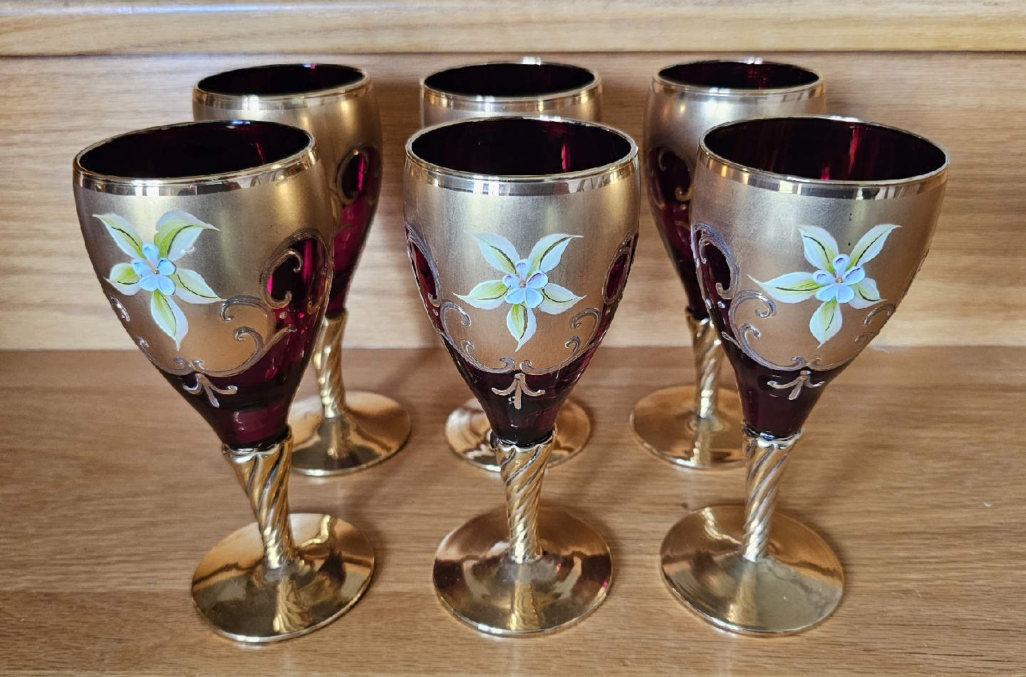 Set of 6 Gold & Ruby Wine Glasses