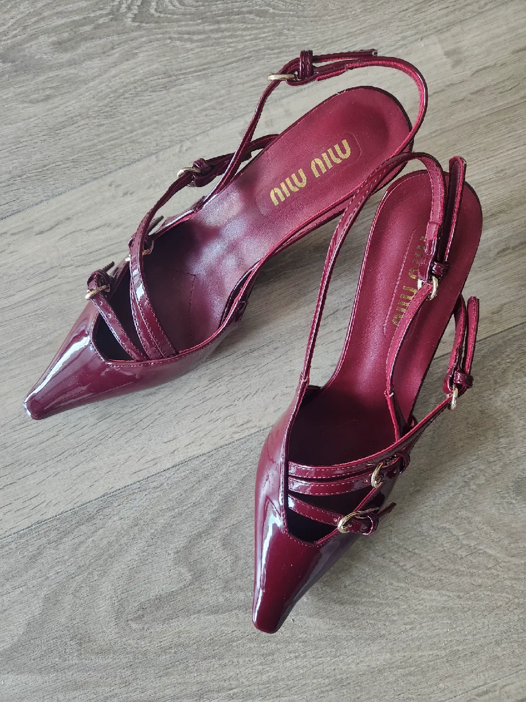 Miu Miu Patent Leather Slingback Heels Burgundy Kitten Heels image indicator(4)