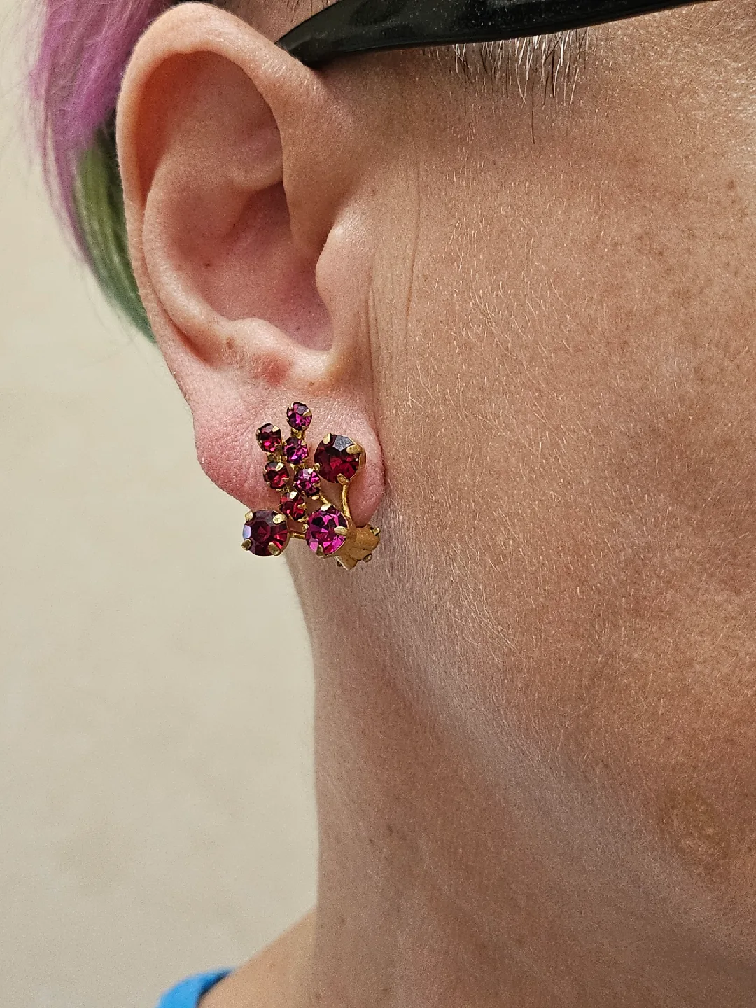 Vintage Made Austria Gold Tone & Red Rhinestone Earrings image indicator(6)