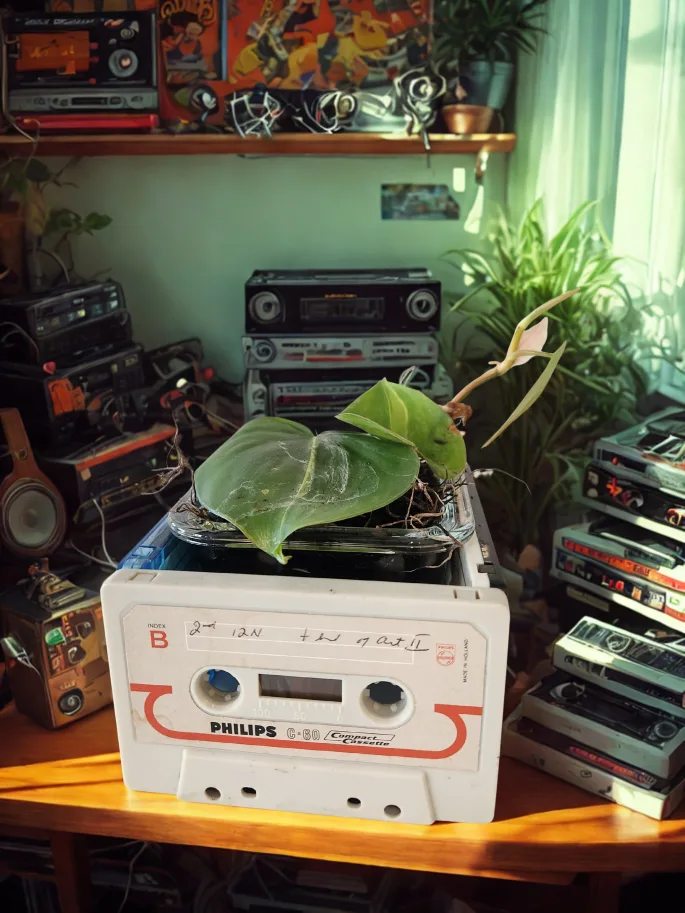 Cassette tape planter with potho plant thumbnail
