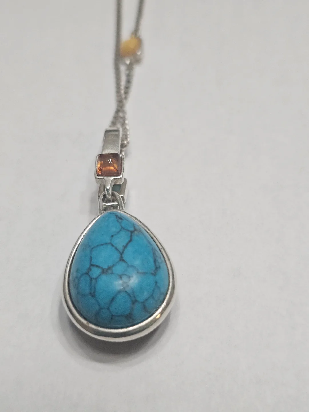 Silver Tone Necklace with Turquoise & Amber Pendants image indicator(2)