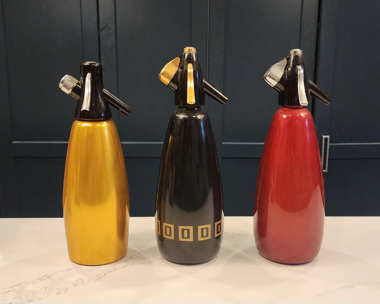 Set of 3 Vintage Soda Siphons - Gold, Black, Red image indicator(2)