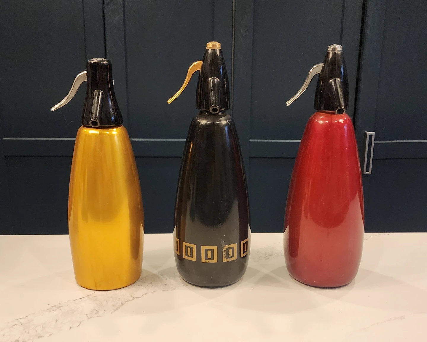 Set of 3 Vintage Soda Siphons - Gold, Black, Red - photo 3