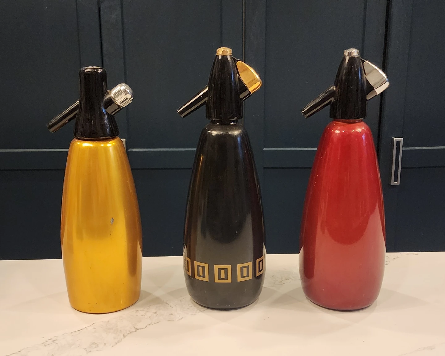 Set of 3 Vintage Soda Siphons - Gold, Black, Red - photo 4