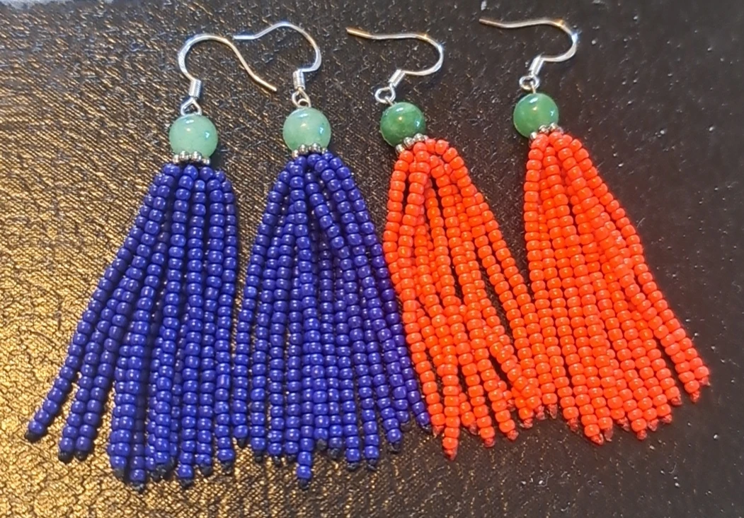 Handmade Beaded Tassel Earrings - Blue & Orange