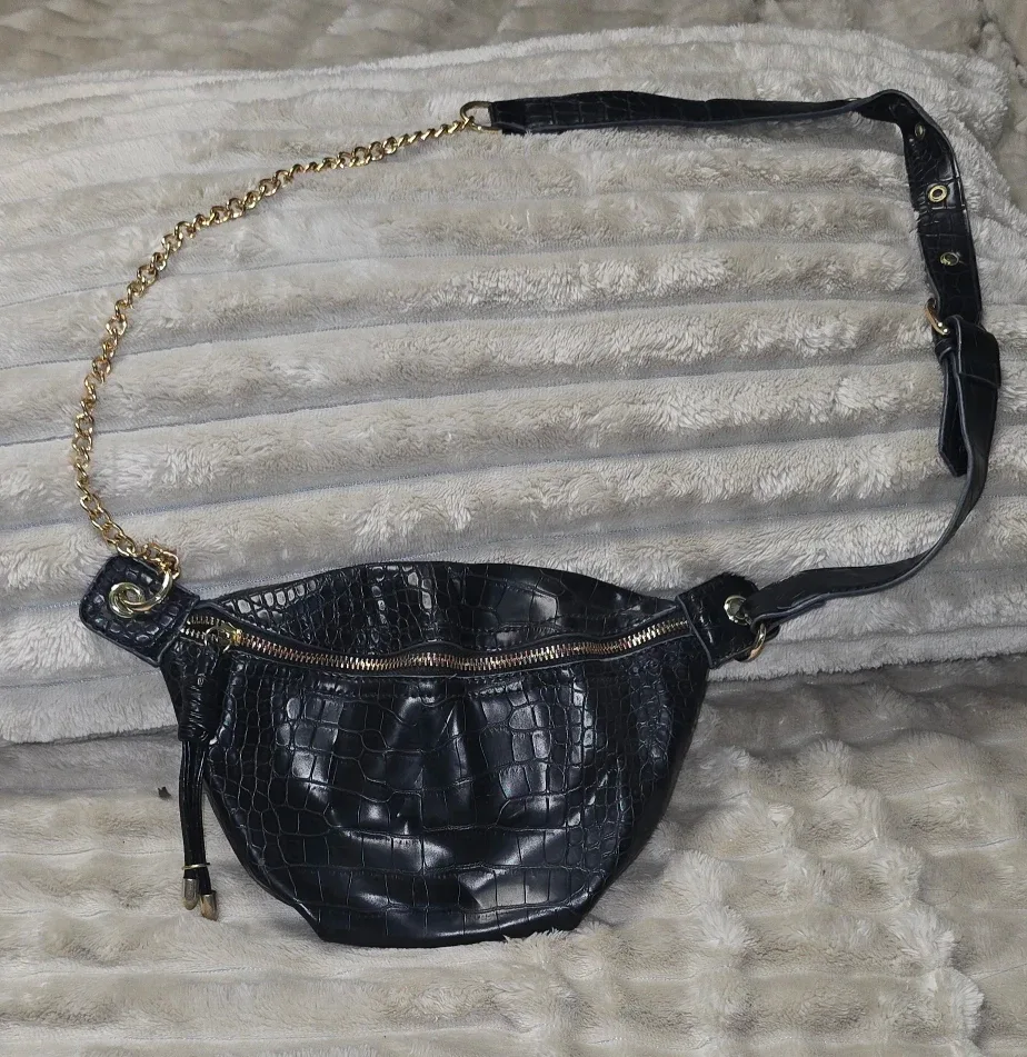 Black Croc-Embossed Belt Bag with Gold Chain thumbnail