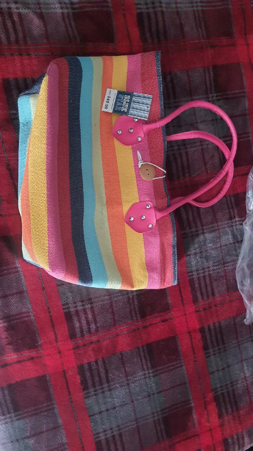 Blue Sky Striped Tote Bag - Pink Handles thumbnail