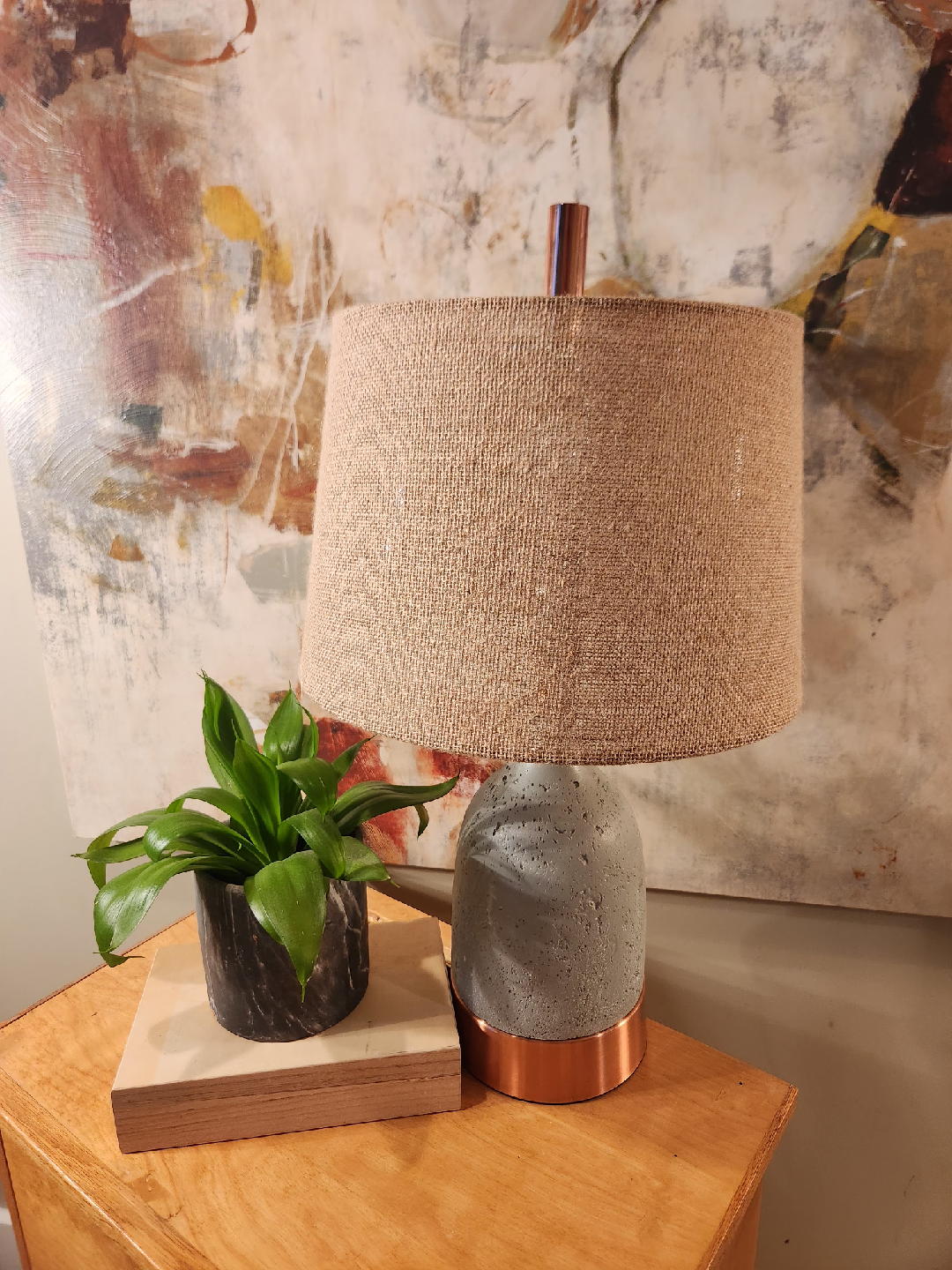 modern minimalist copper and stone. burlap shade lamp