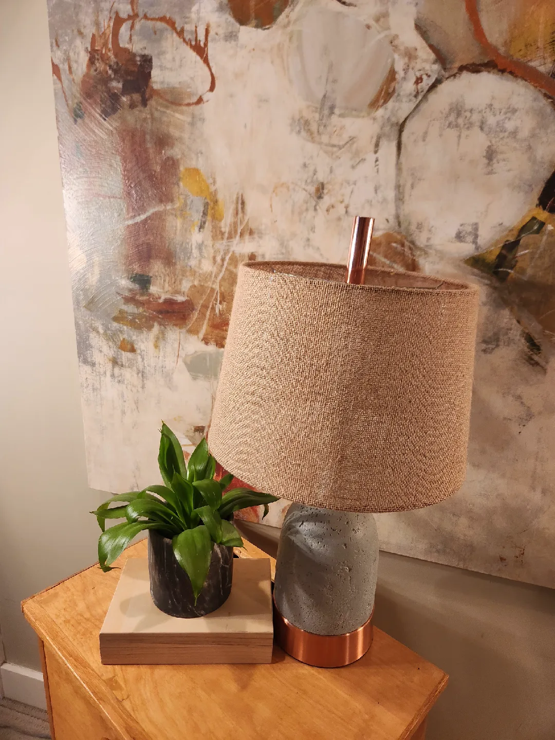 modern minimalist copper and stone. burlap shade lamp image indicator(6)