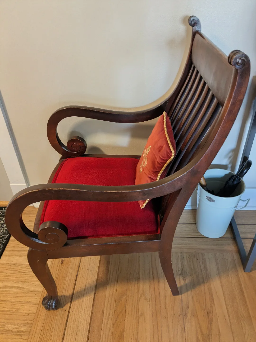MUST GO - PRICE REDUCED: Armchair - Dark Wood & Red Velvet Seat image indicator(2)