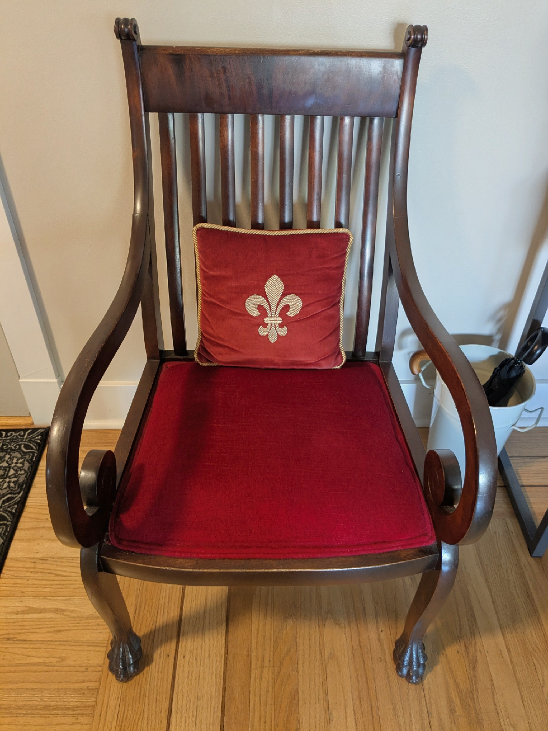 MUST GO - PRICE REDUCED: Armchair - Dark Wood & Red Velvet Seat