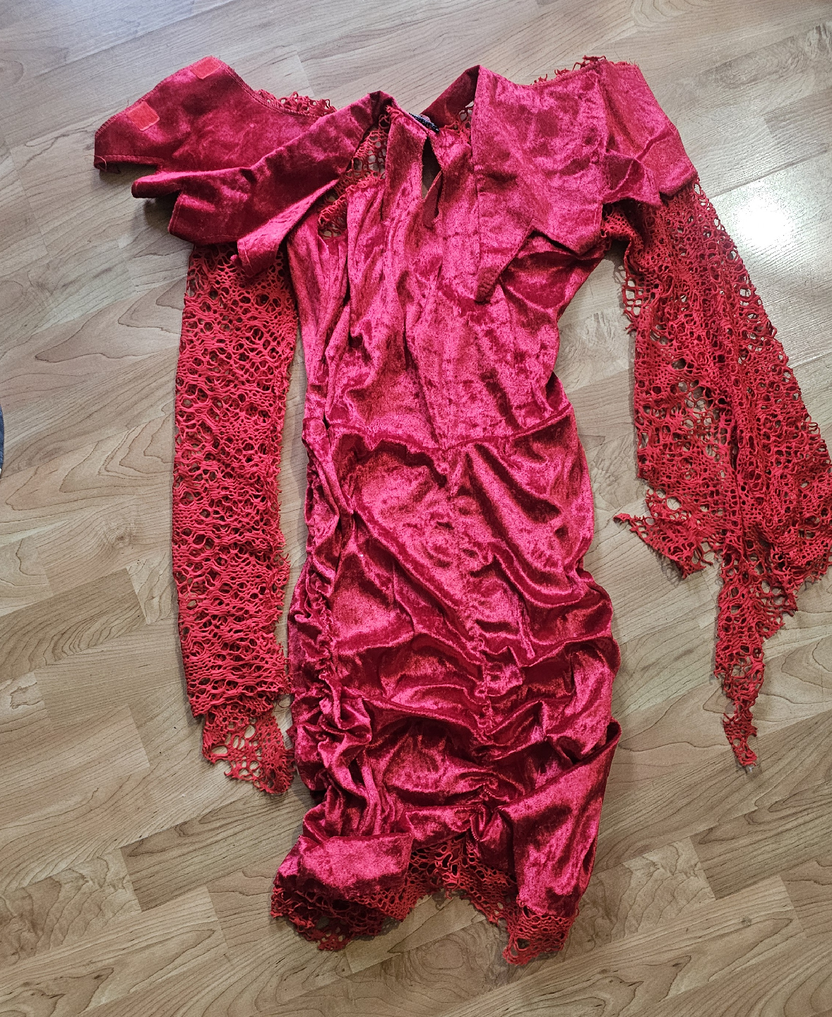 Red Velvet Dress with Lace Sleeves