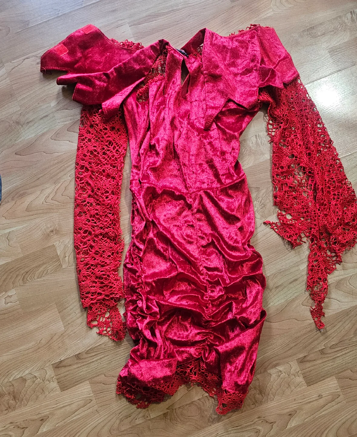 Red Velvet Dress with Lace Sleeves thumbnail