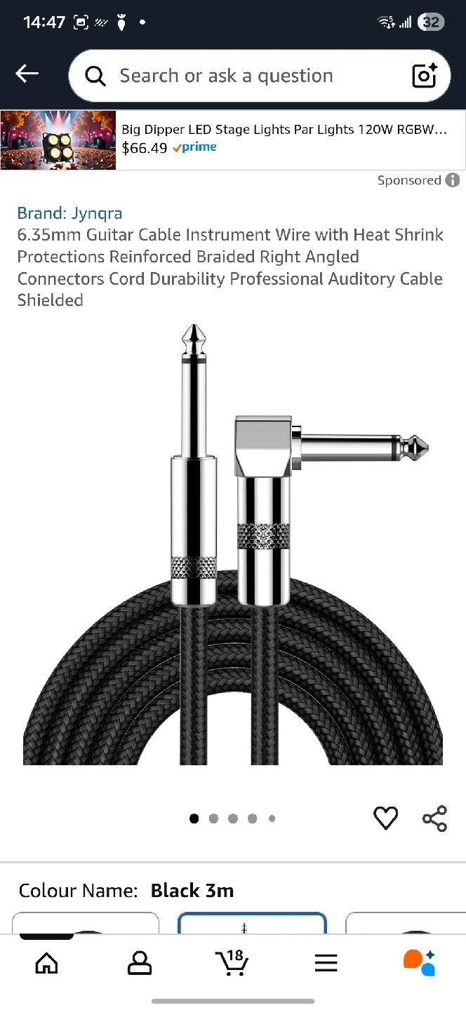 Jynqra 6.35mm Guitar Cable - NEW 3 metre thumbnail