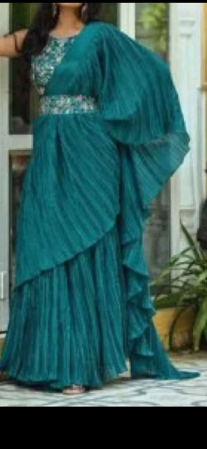 Teal Chinnon Saree with Unstitched Blouse thumbnail