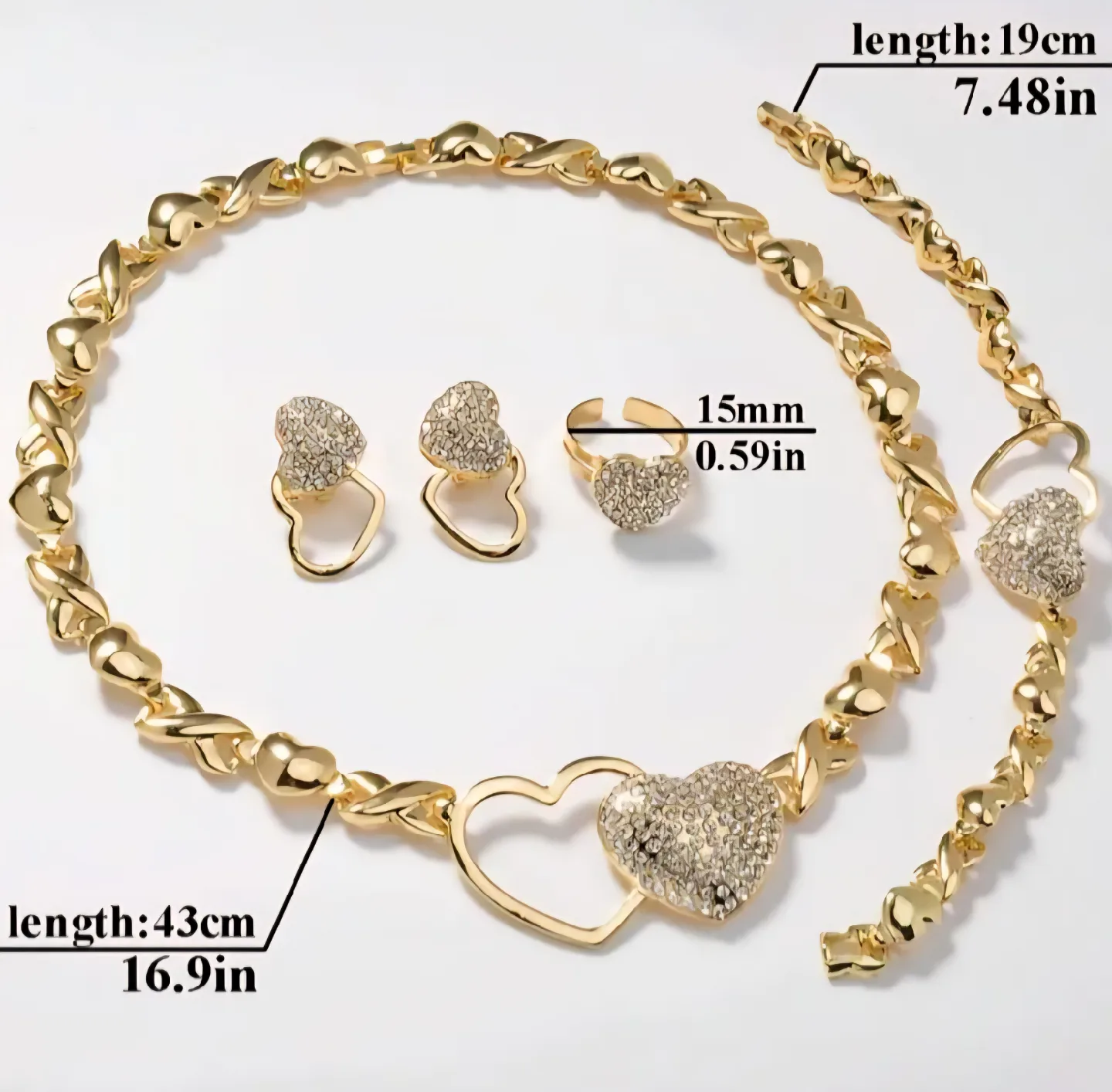 Gold Heart Jewelry Set - Necklace, Bracelet, Ring, Earrings image indicator(3)