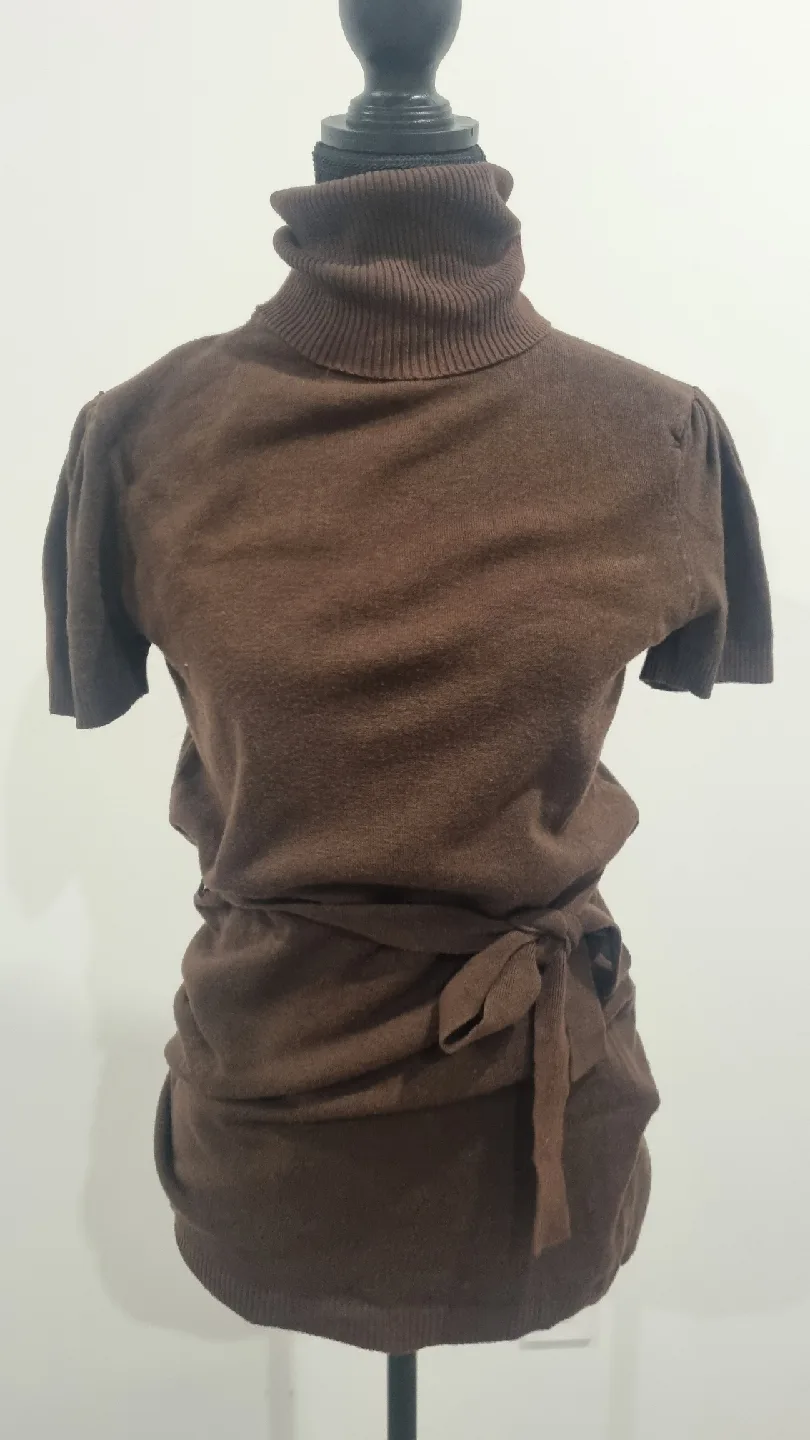 Brown Knit Turtleneck Top with Tie Waist thumbnail