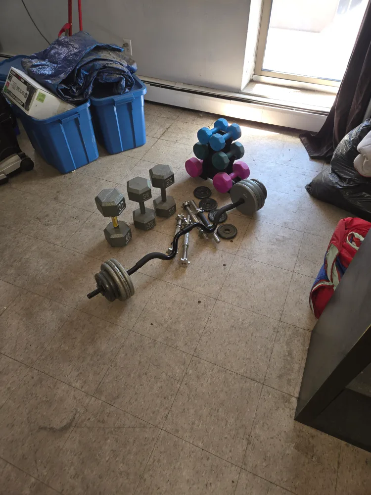 dumbells and 80lbs free weight, 25lb curl bar