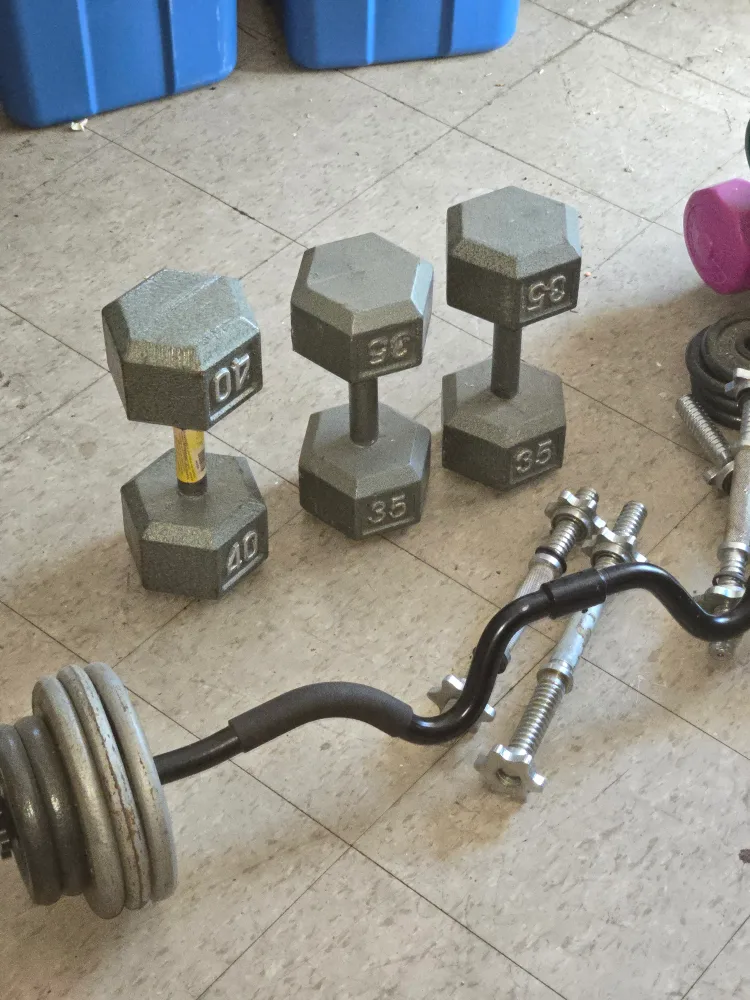 dumbells and 80lbs free weight, 25lb curl bar image indicator(3)