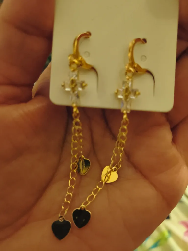 Gold Dangle Earrings with Heart Charms thumbnail