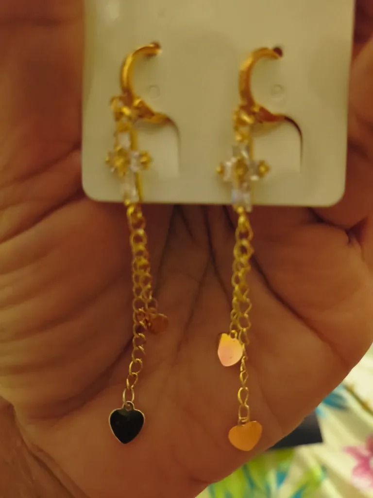 Gold Dangle Earrings with Heart Charms image indicator(2)