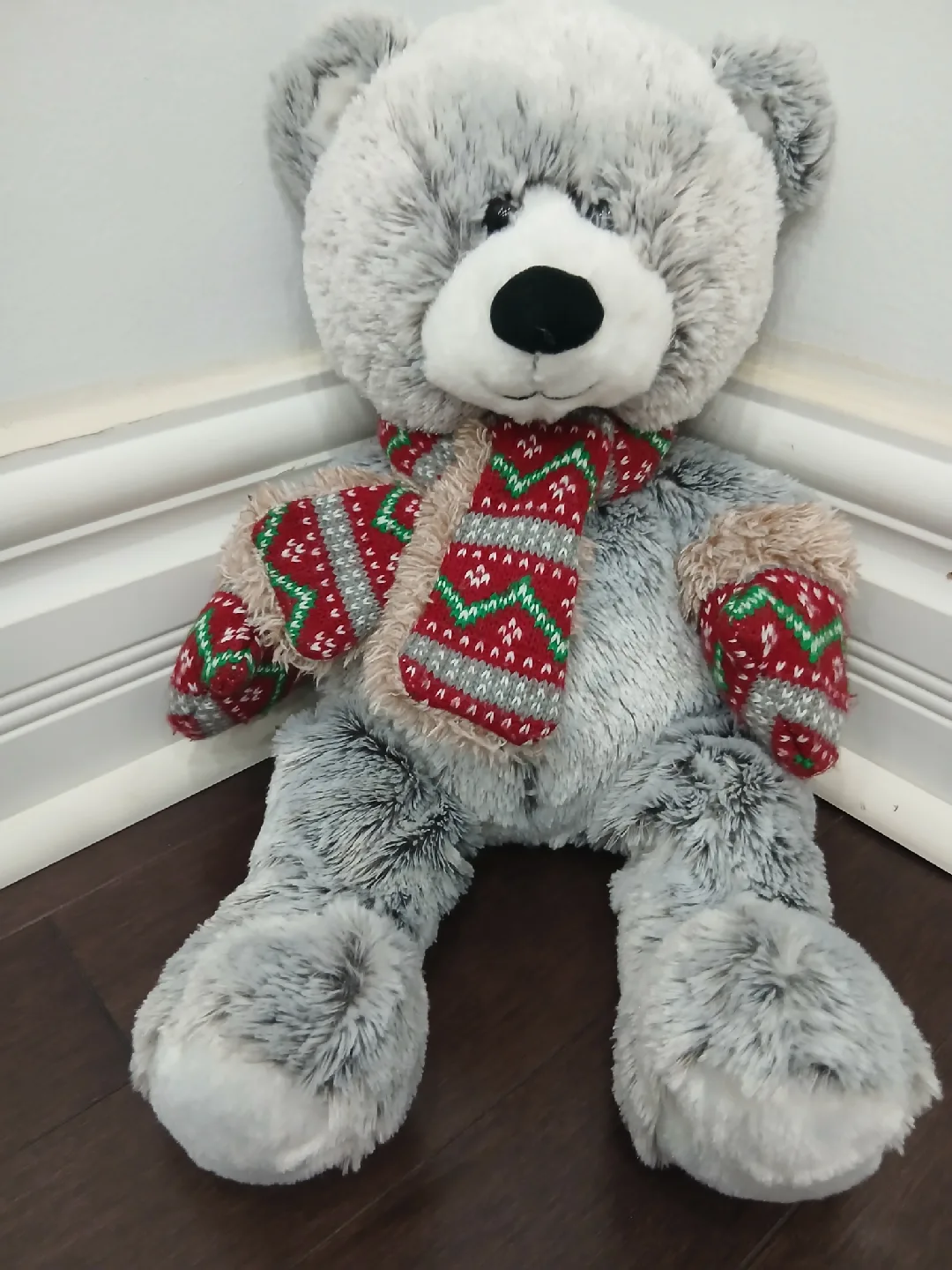 Grey Plush Teddy Bear with Scarf & Mittens thumbnail